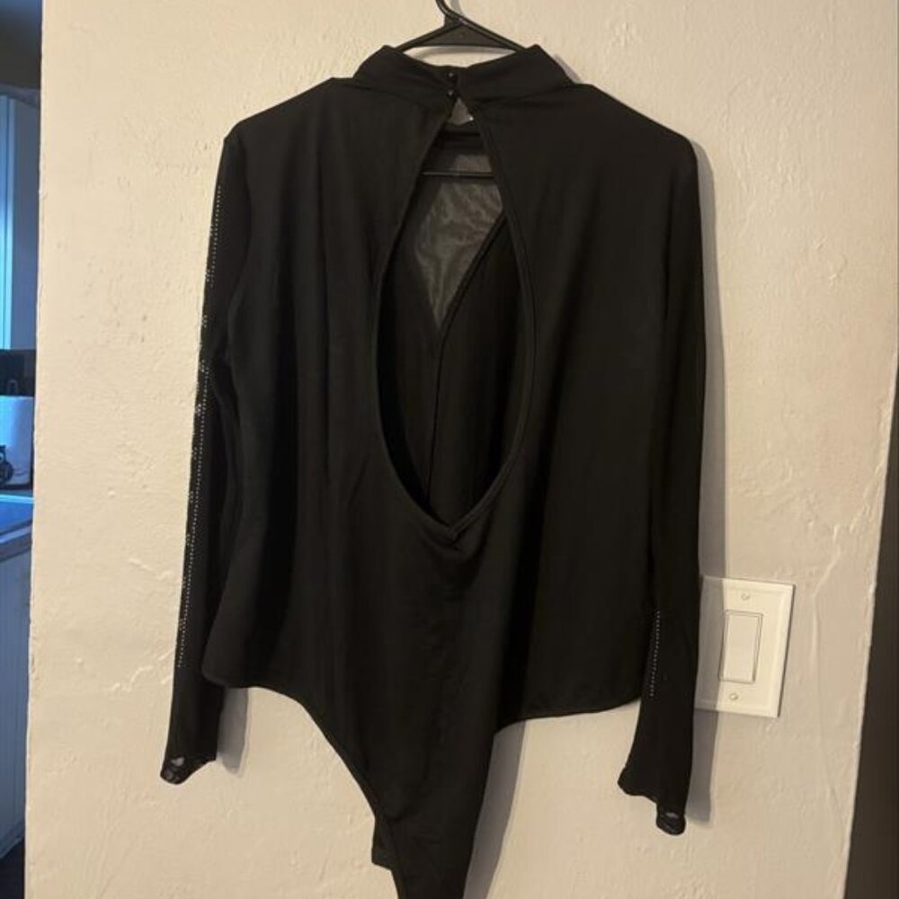 🖤 Black Rhinestone Mesh Bodysuit – 2XL – Sheer Cutout Statement Top - Picture 7 of 8